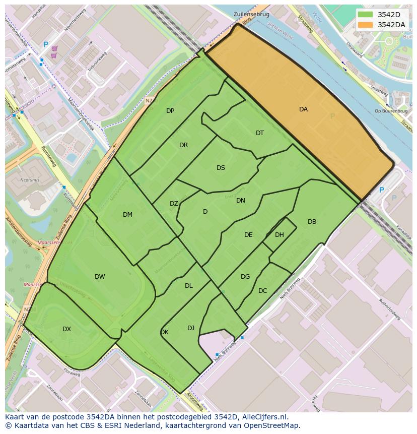 Afbeelding van het postcodegebied 3542 DA op de kaart.