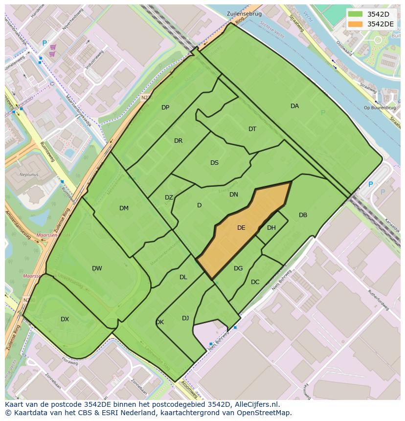 Afbeelding van het postcodegebied 3542 DE op de kaart.