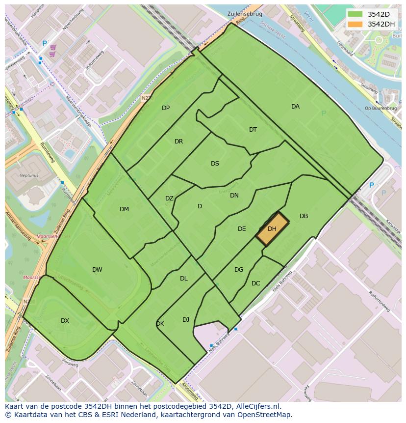 Afbeelding van het postcodegebied 3542 DH op de kaart.