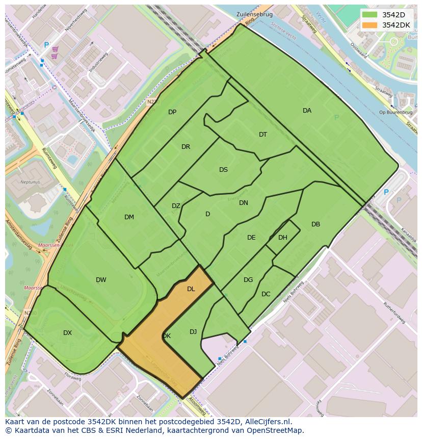 Afbeelding van het postcodegebied 3542 DK op de kaart.