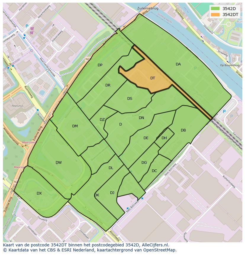 Afbeelding van het postcodegebied 3542 DT op de kaart.