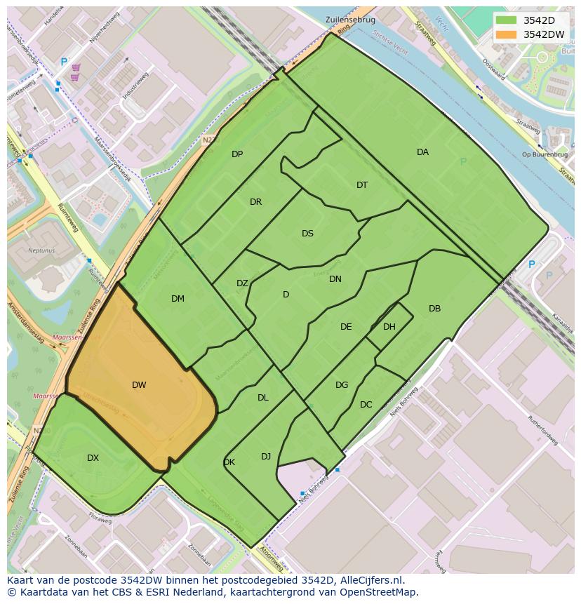 Afbeelding van het postcodegebied 3542 DW op de kaart.