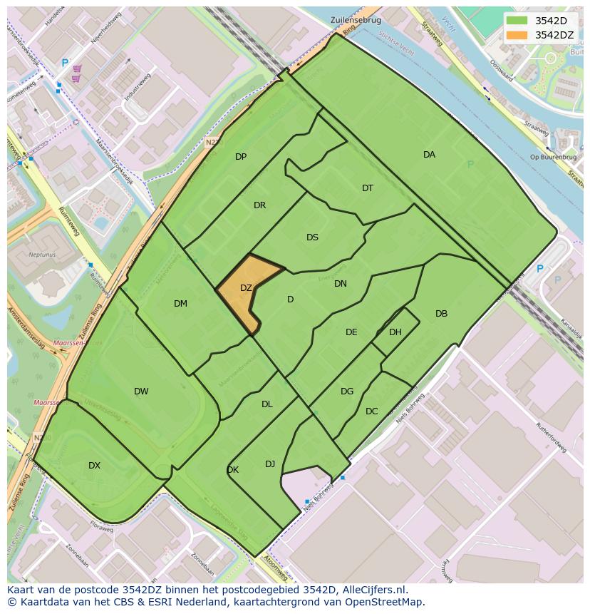 Afbeelding van het postcodegebied 3542 DZ op de kaart.