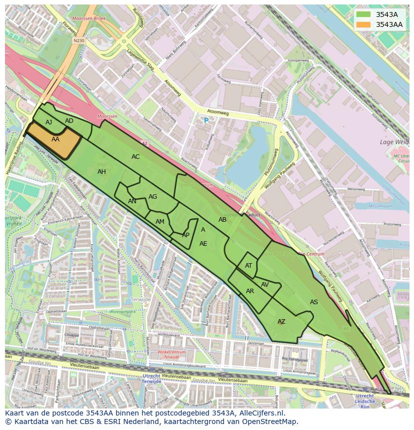Afbeelding van het postcodegebied 3543 AA op de kaart.