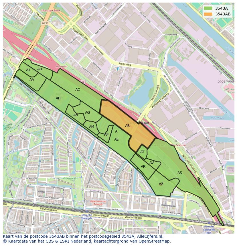 Afbeelding van het postcodegebied 3543 AB op de kaart.
