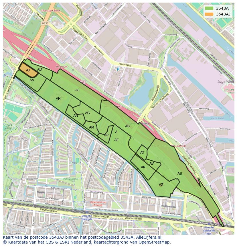 Afbeelding van het postcodegebied 3543 AJ op de kaart.