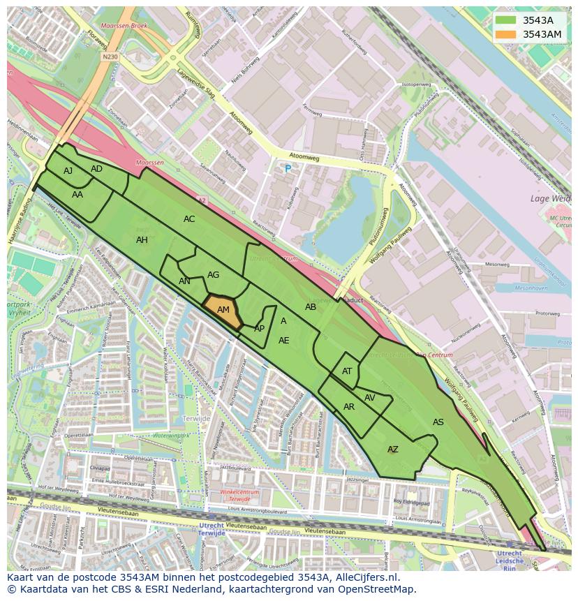 Afbeelding van het postcodegebied 3543 AM op de kaart.