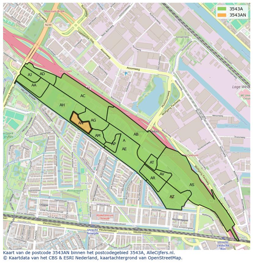 Afbeelding van het postcodegebied 3543 AN op de kaart.