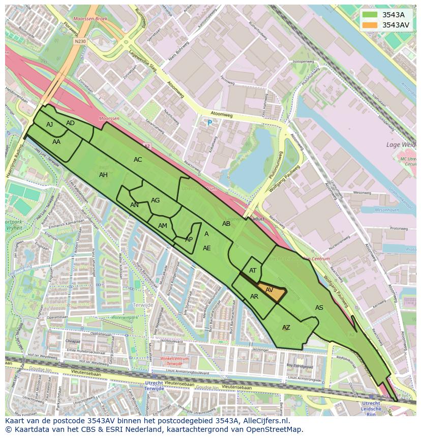 Afbeelding van het postcodegebied 3543 AV op de kaart.
