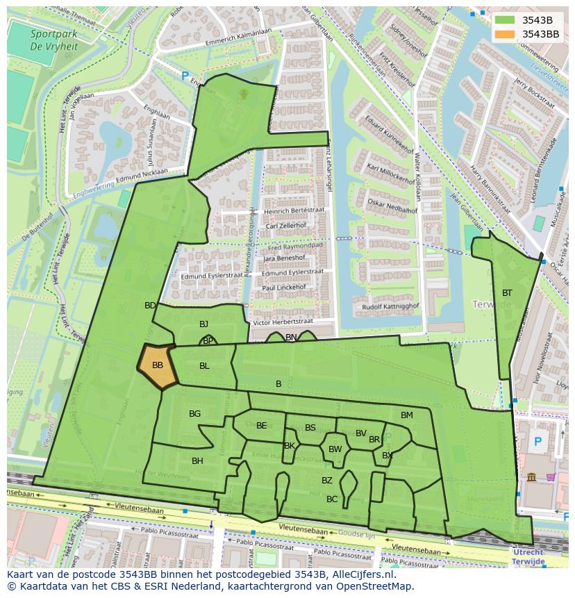 Afbeelding van het postcodegebied 3543 BB op de kaart.