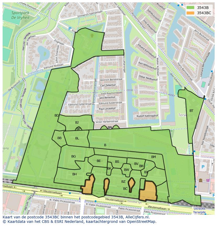 Afbeelding van het postcodegebied 3543 BC op de kaart.