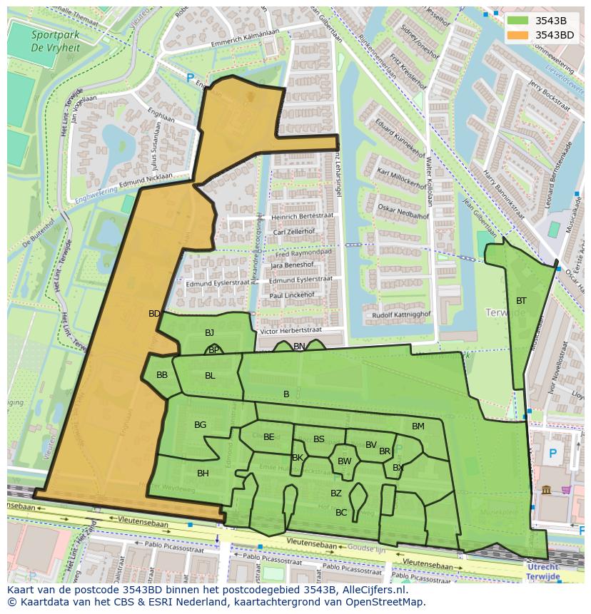 Afbeelding van het postcodegebied 3543 BD op de kaart.