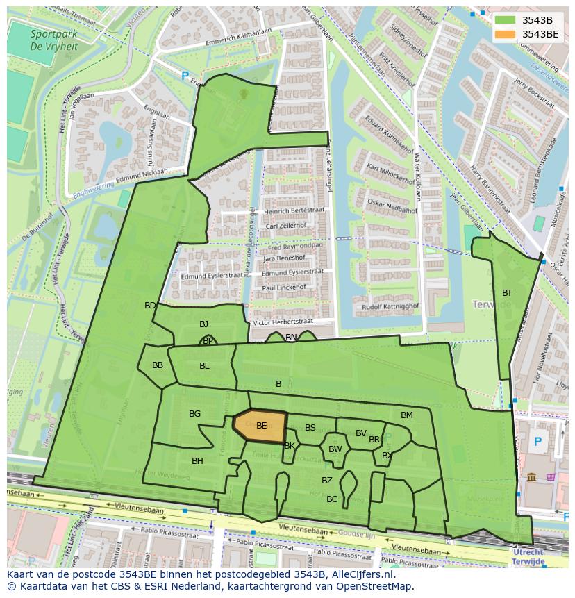 Afbeelding van het postcodegebied 3543 BE op de kaart.
