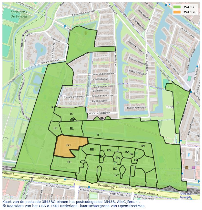 Afbeelding van het postcodegebied 3543 BG op de kaart.