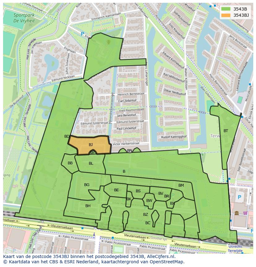 Afbeelding van het postcodegebied 3543 BJ op de kaart.