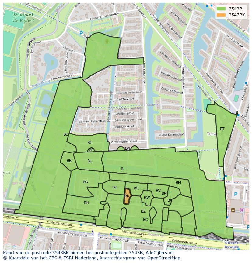 Afbeelding van het postcodegebied 3543 BK op de kaart.