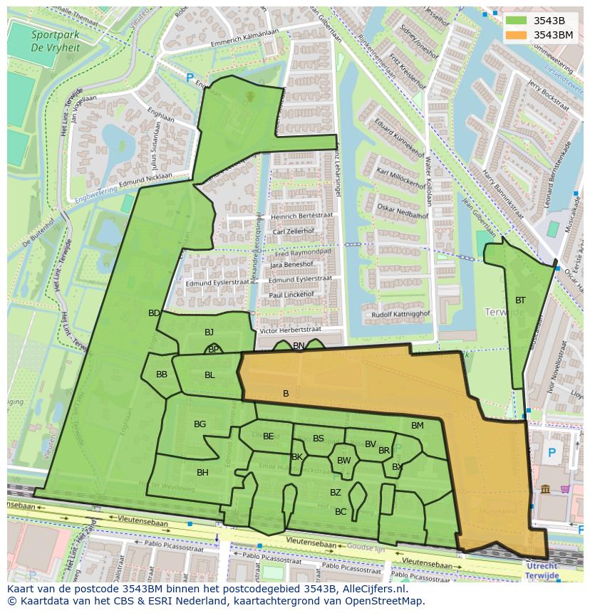 Afbeelding van het postcodegebied 3543 BM op de kaart.