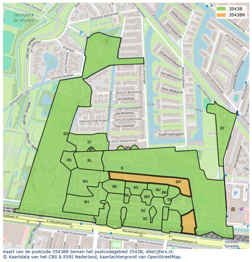 Afbeelding van het postcodegebied 3543 BR op de kaart.
