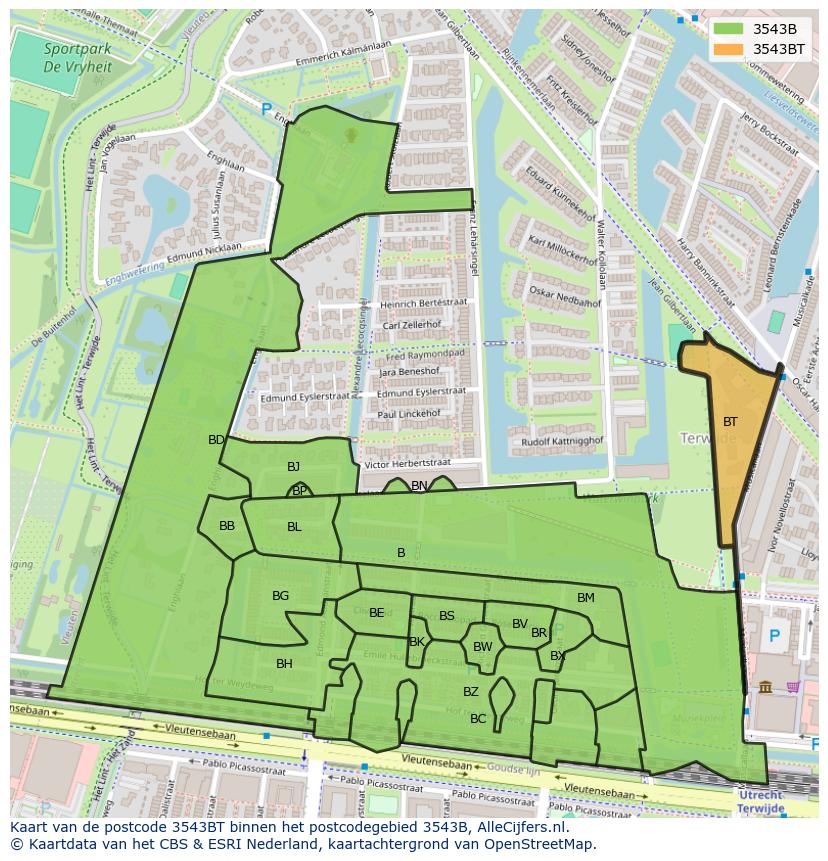 Afbeelding van het postcodegebied 3543 BT op de kaart.