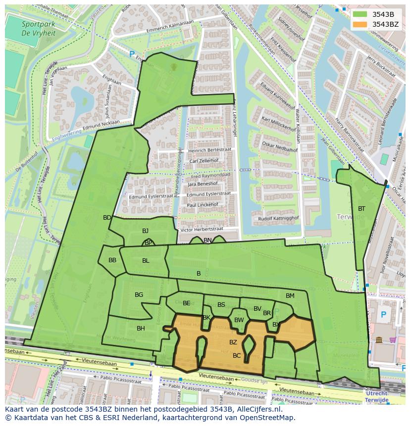 Afbeelding van het postcodegebied 3543 BZ op de kaart.