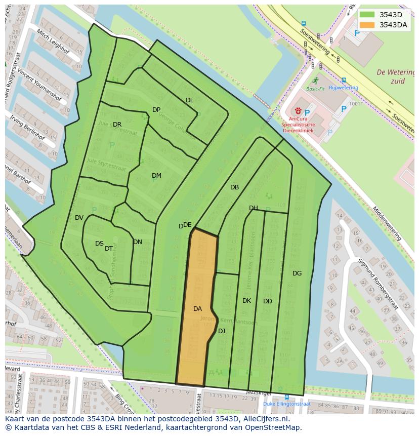 Afbeelding van het postcodegebied 3543 DA op de kaart.