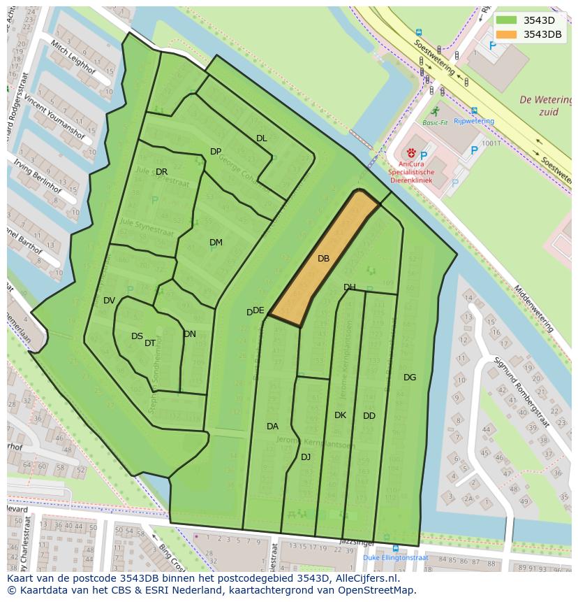 Afbeelding van het postcodegebied 3543 DB op de kaart.