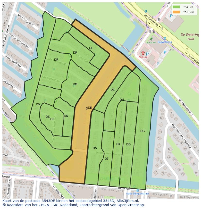 Afbeelding van het postcodegebied 3543 DE op de kaart.