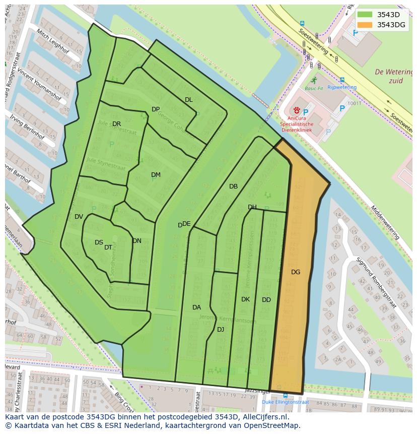 Afbeelding van het postcodegebied 3543 DG op de kaart.