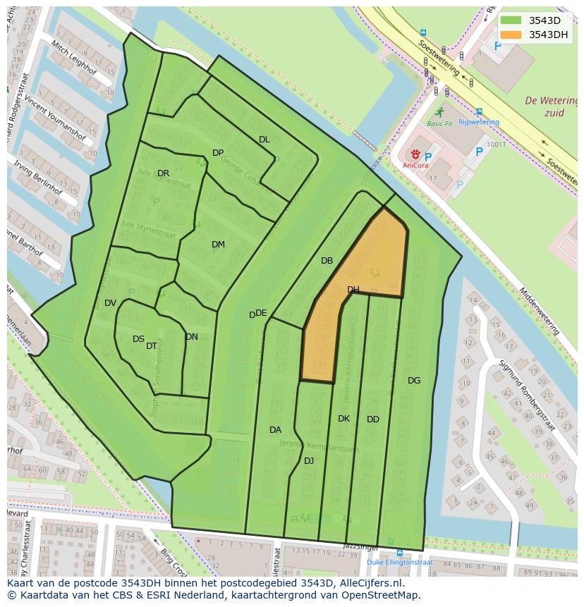 Afbeelding van het postcodegebied 3543 DH op de kaart.