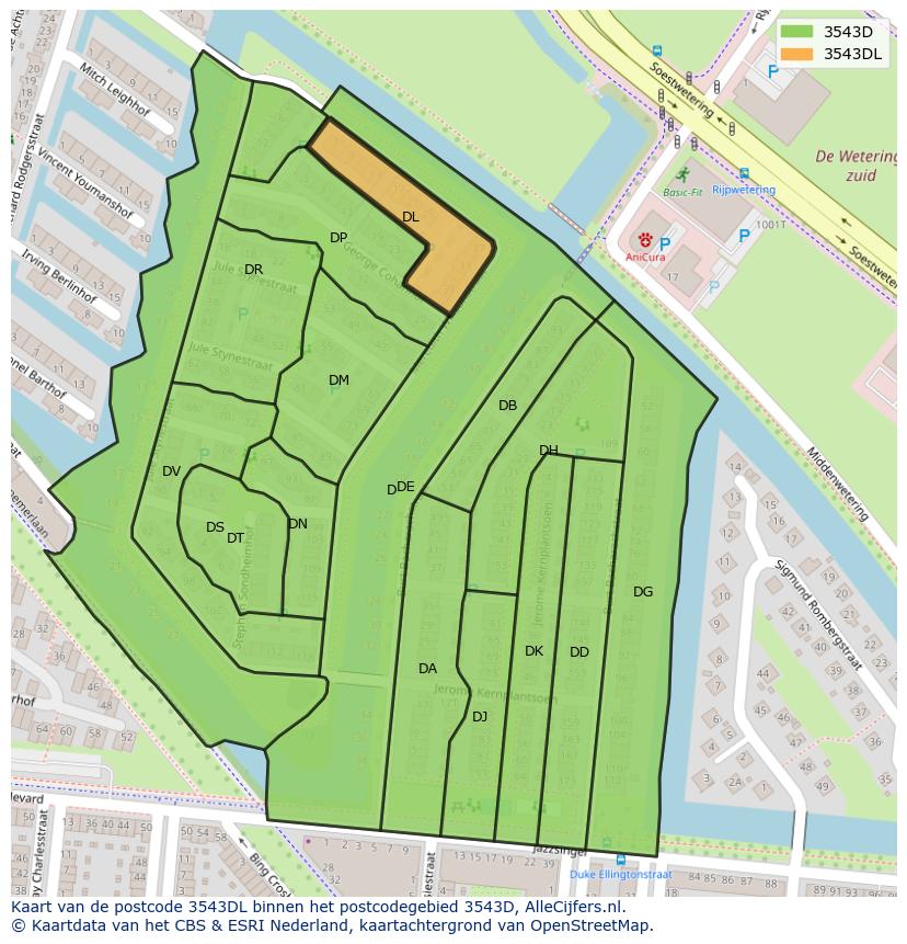 Afbeelding van het postcodegebied 3543 DL op de kaart.