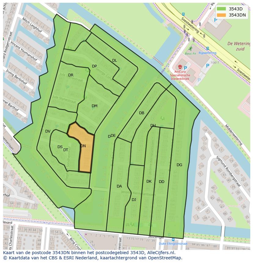 Afbeelding van het postcodegebied 3543 DN op de kaart.