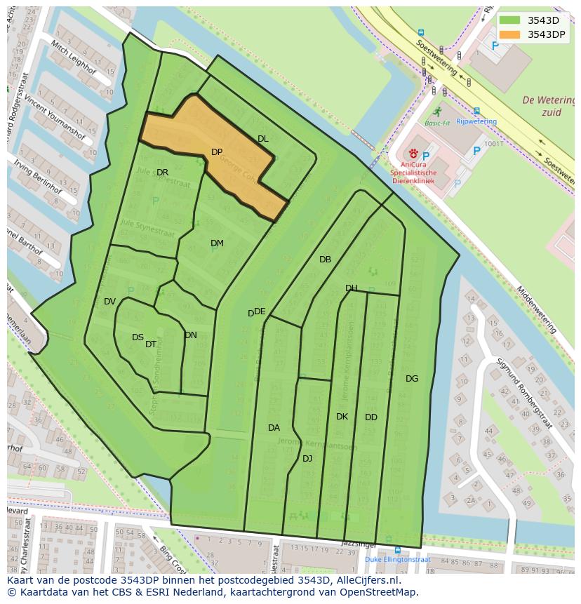 Afbeelding van het postcodegebied 3543 DP op de kaart.