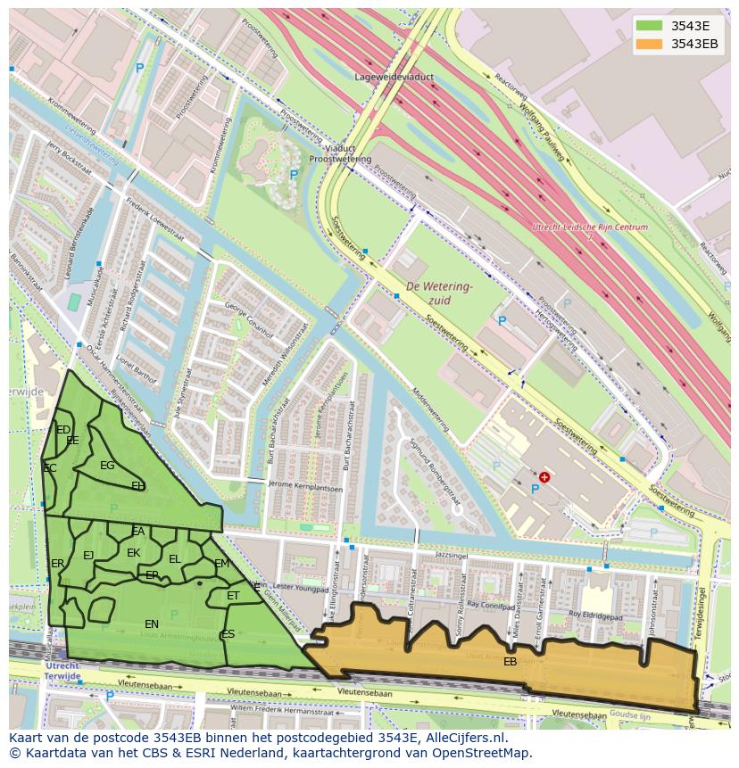 Afbeelding van het postcodegebied 3543 EB op de kaart.