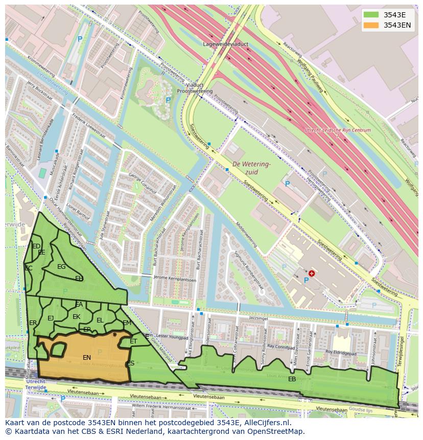 Afbeelding van het postcodegebied 3543 EN op de kaart.