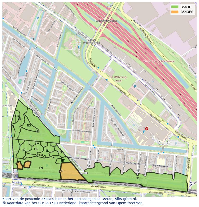 Afbeelding van het postcodegebied 3543 ES op de kaart.