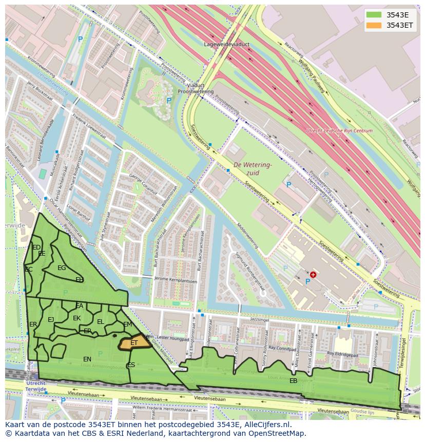 Afbeelding van het postcodegebied 3543 ET op de kaart.