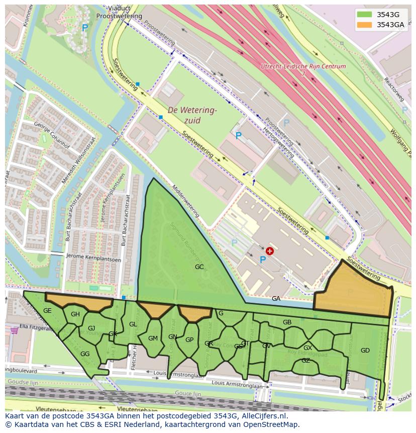 Afbeelding van het postcodegebied 3543 GA op de kaart.