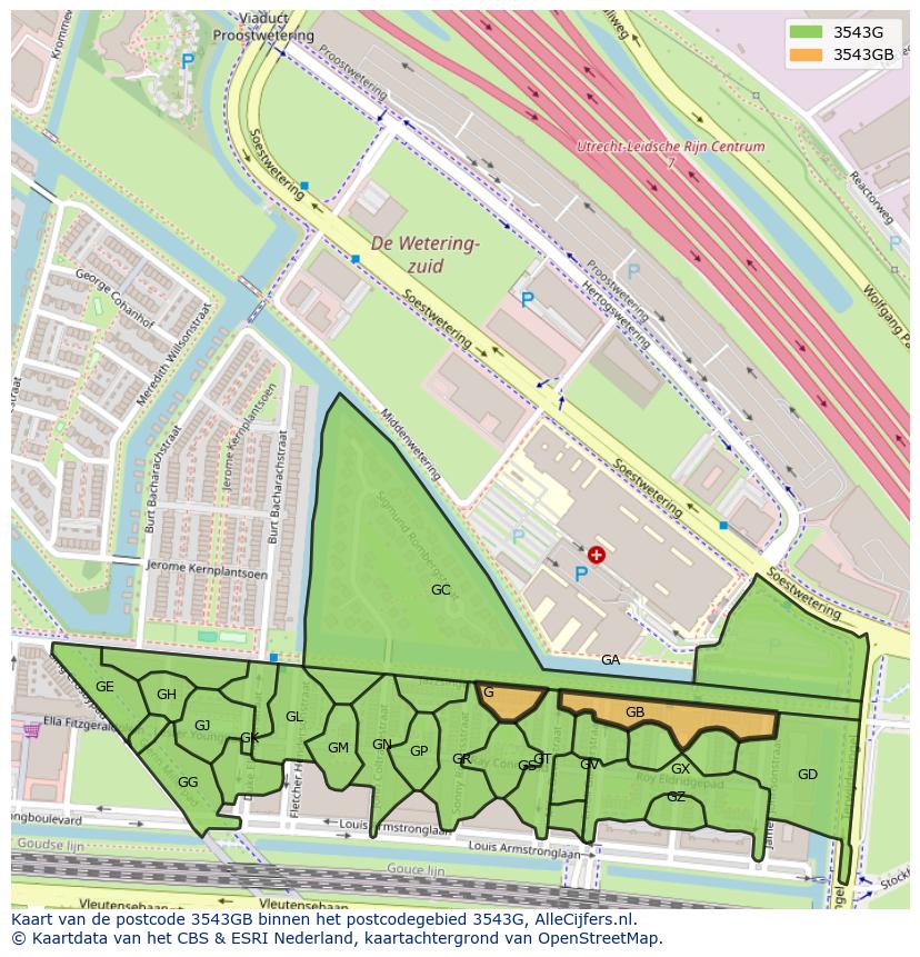 Afbeelding van het postcodegebied 3543 GB op de kaart.