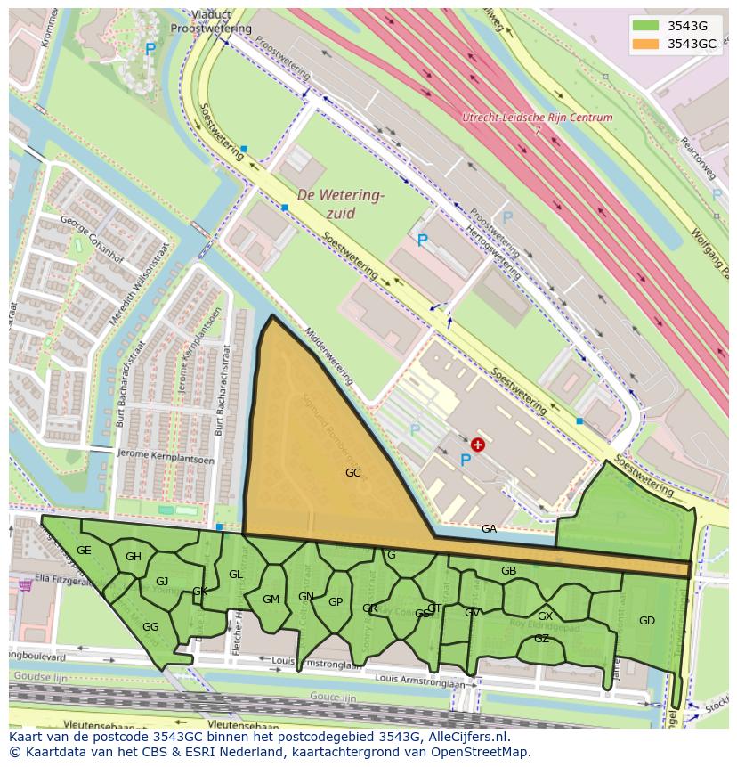 Afbeelding van het postcodegebied 3543 GC op de kaart.