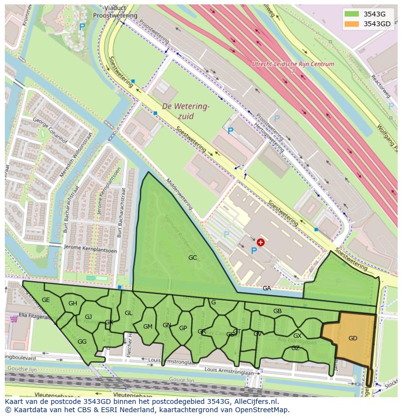 Afbeelding van het postcodegebied 3543 GD op de kaart.