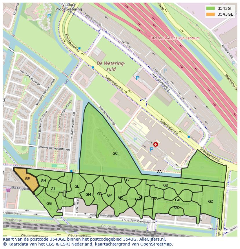 Afbeelding van het postcodegebied 3543 GE op de kaart.
