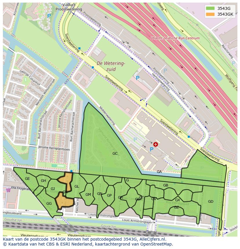 Afbeelding van het postcodegebied 3543 GK op de kaart.