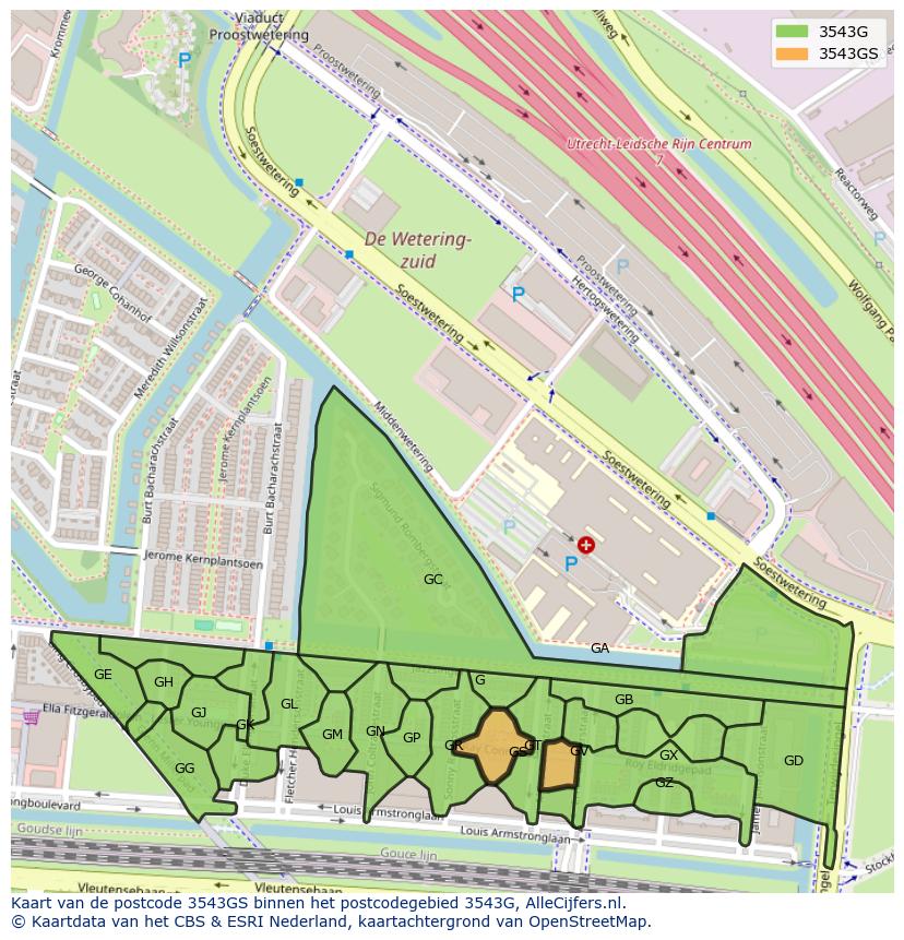 Afbeelding van het postcodegebied 3543 GS op de kaart.