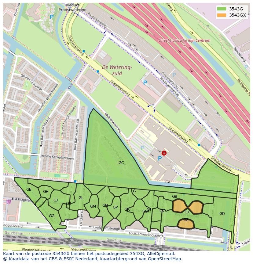 Afbeelding van het postcodegebied 3543 GX op de kaart.