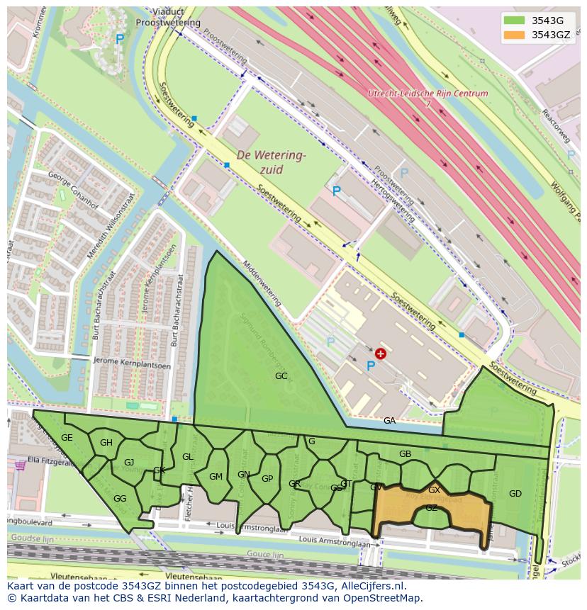 Afbeelding van het postcodegebied 3543 GZ op de kaart.