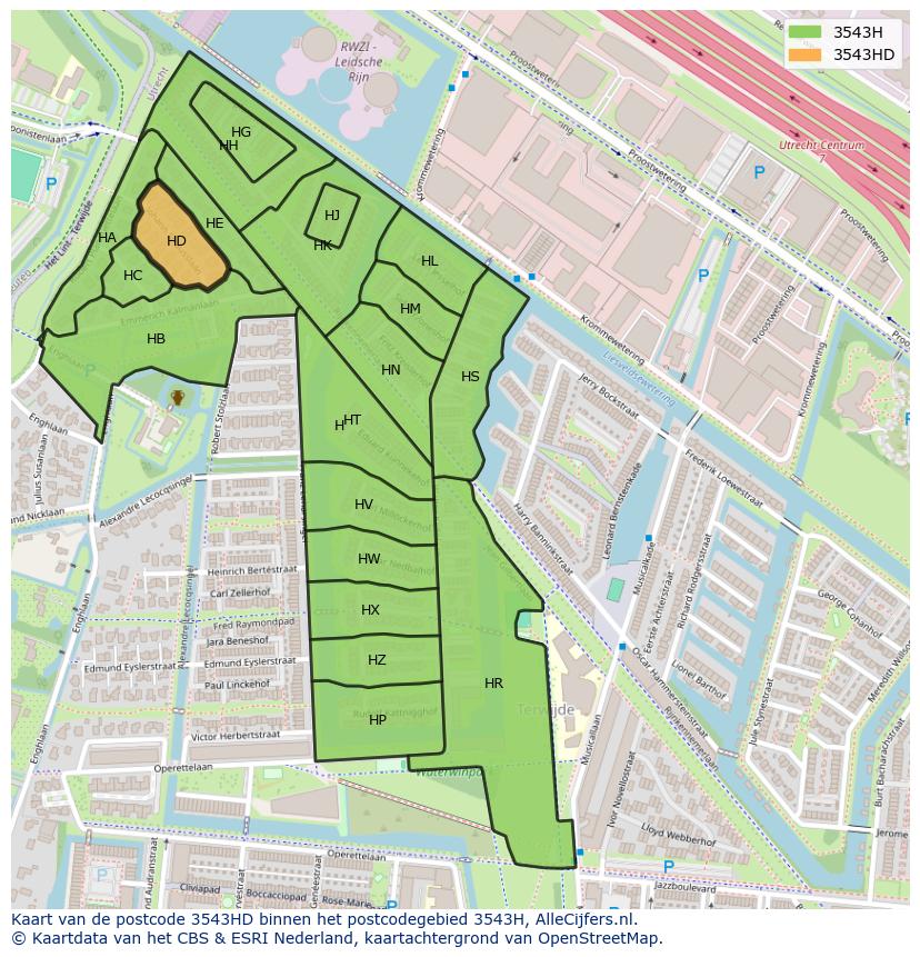 Afbeelding van het postcodegebied 3543 HD op de kaart.