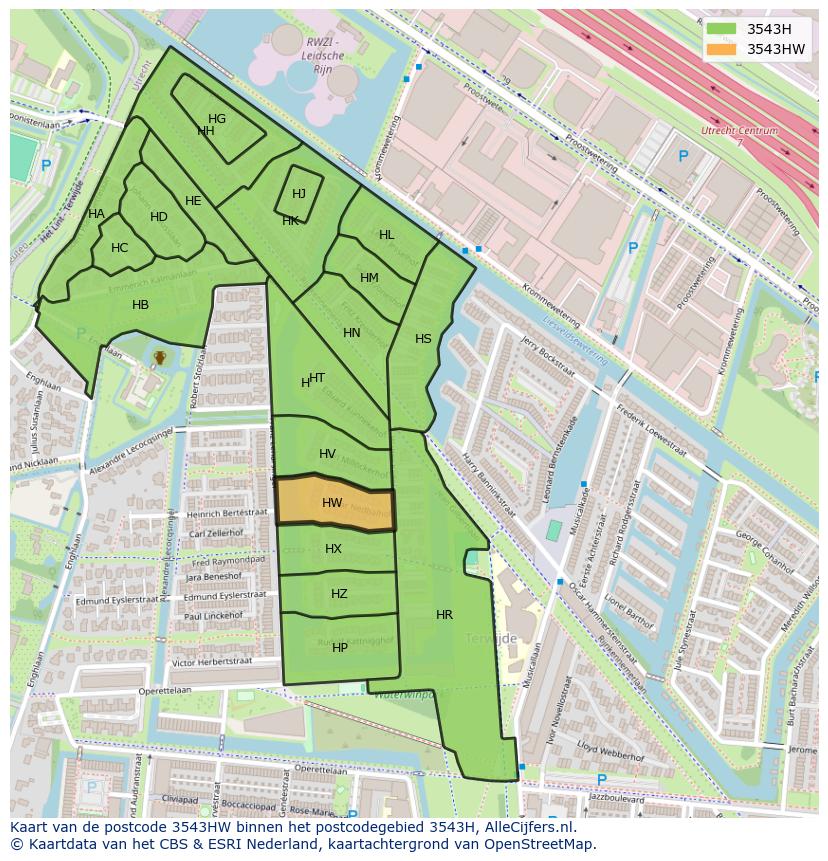 Afbeelding van het postcodegebied 3543 HW op de kaart.