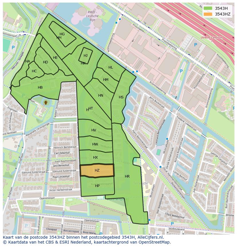 Afbeelding van het postcodegebied 3543 HZ op de kaart.