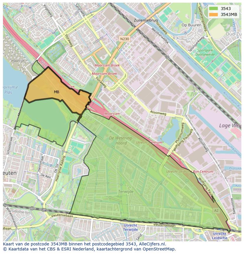 Afbeelding van het postcodegebied 3543 MB op de kaart.