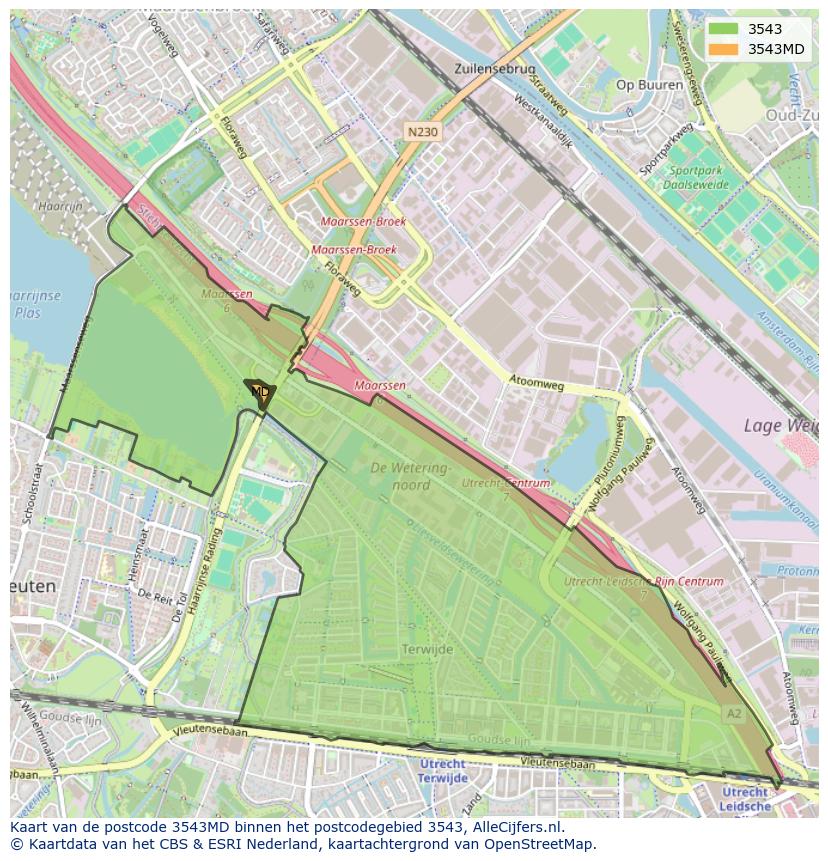 Afbeelding van het postcodegebied 3543 MD op de kaart.